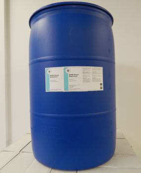  blue 55 gallon drum, white label, light blue stripe